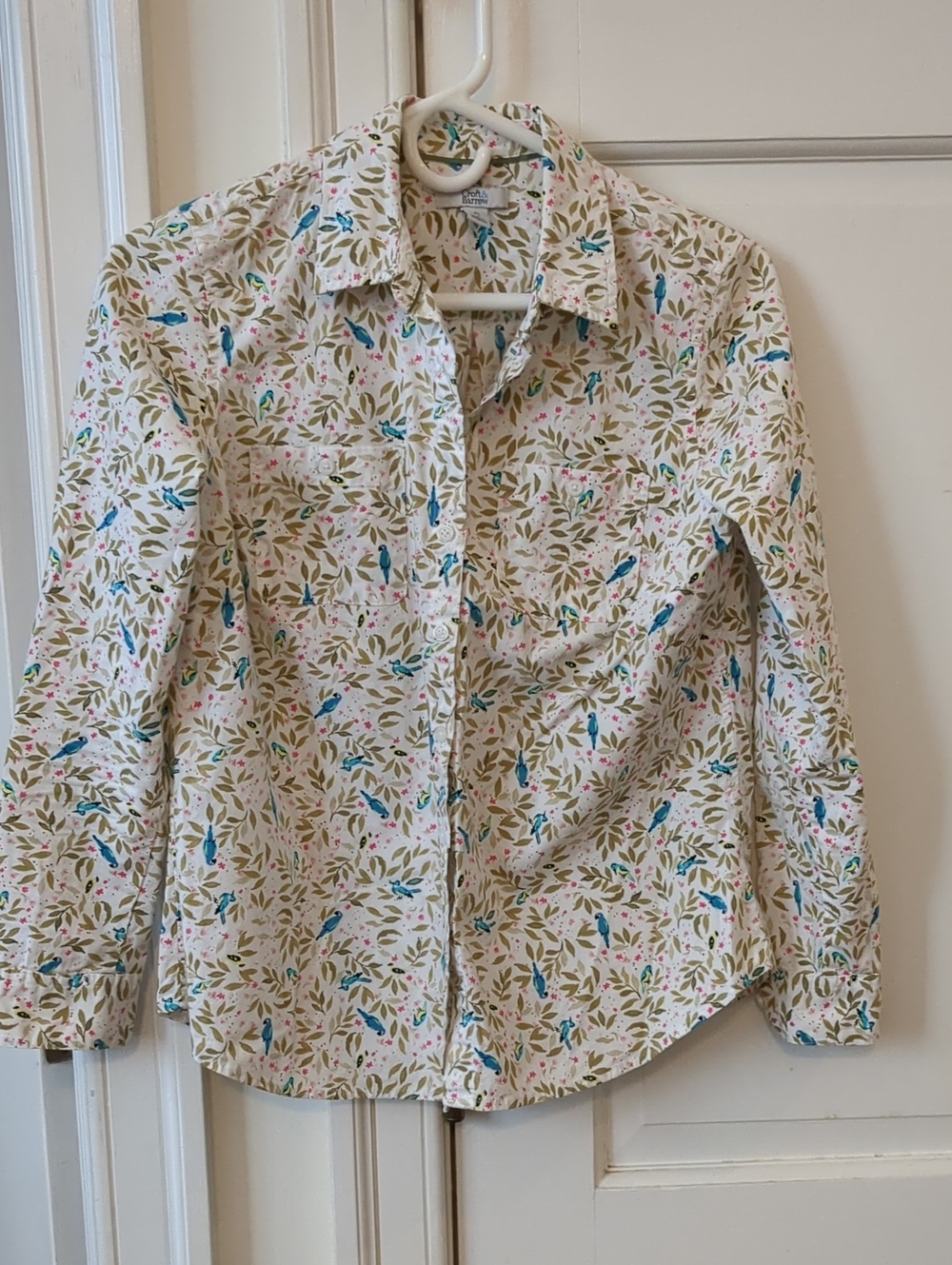 Croft And Barrow Women Floral Bird Button-Up Shirt White Blue Sp Petite Small